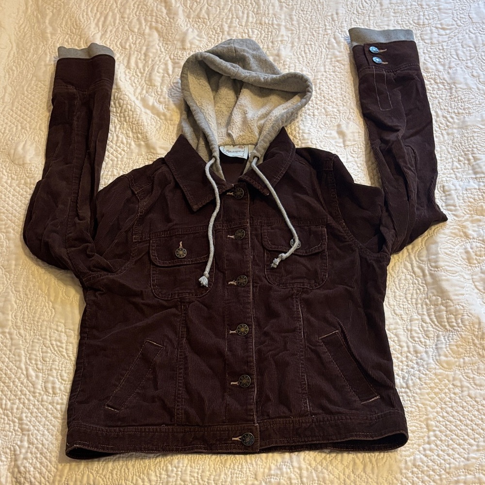 Periscope brown small wale corduroy gray sweatshirt trim zip/button jean jacket